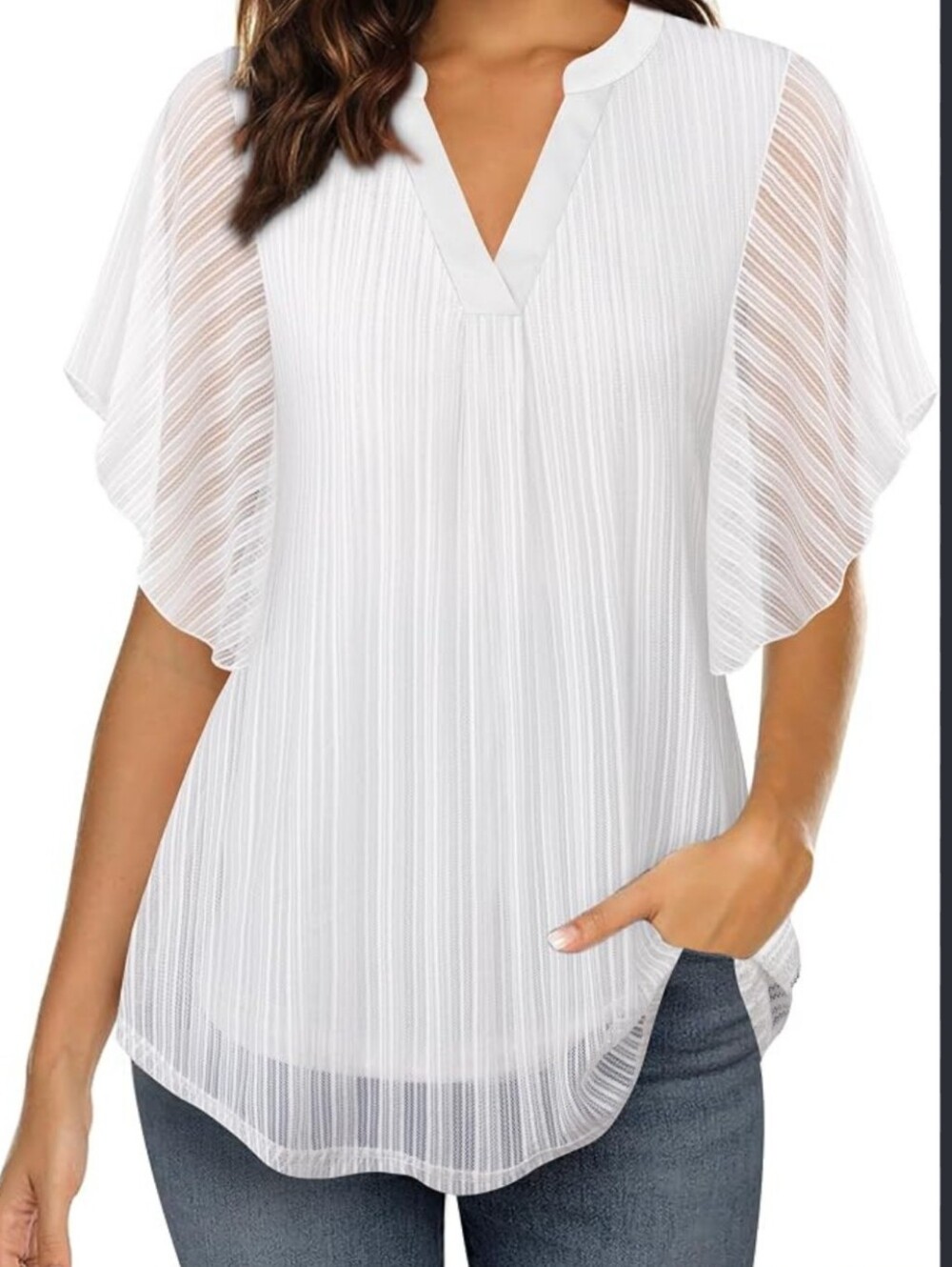 Timeson Women's White Pleated V-Neck Flutter Sleeve Blouse